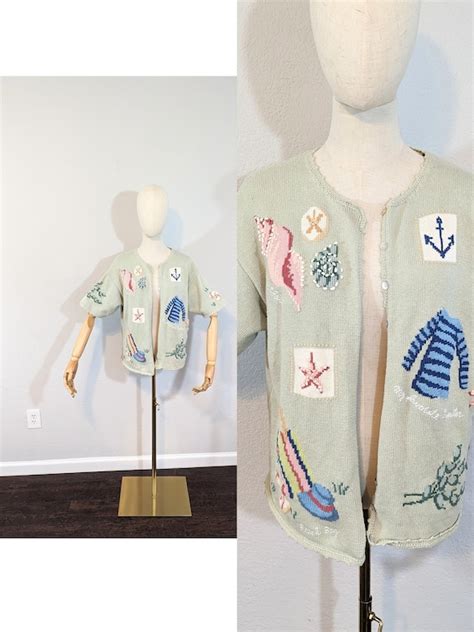1990S Marisa Christina Sage Green Knit Novelty Beach Gem 1990S Marisa Christina Sage Green Knit Novelty Beach Gem