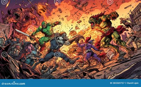 A Comic Style Illustration Of A Team Of Superheroes Battling An Alien A Comic Style Illustration Of A Team Of Superheroes Battling An Alien