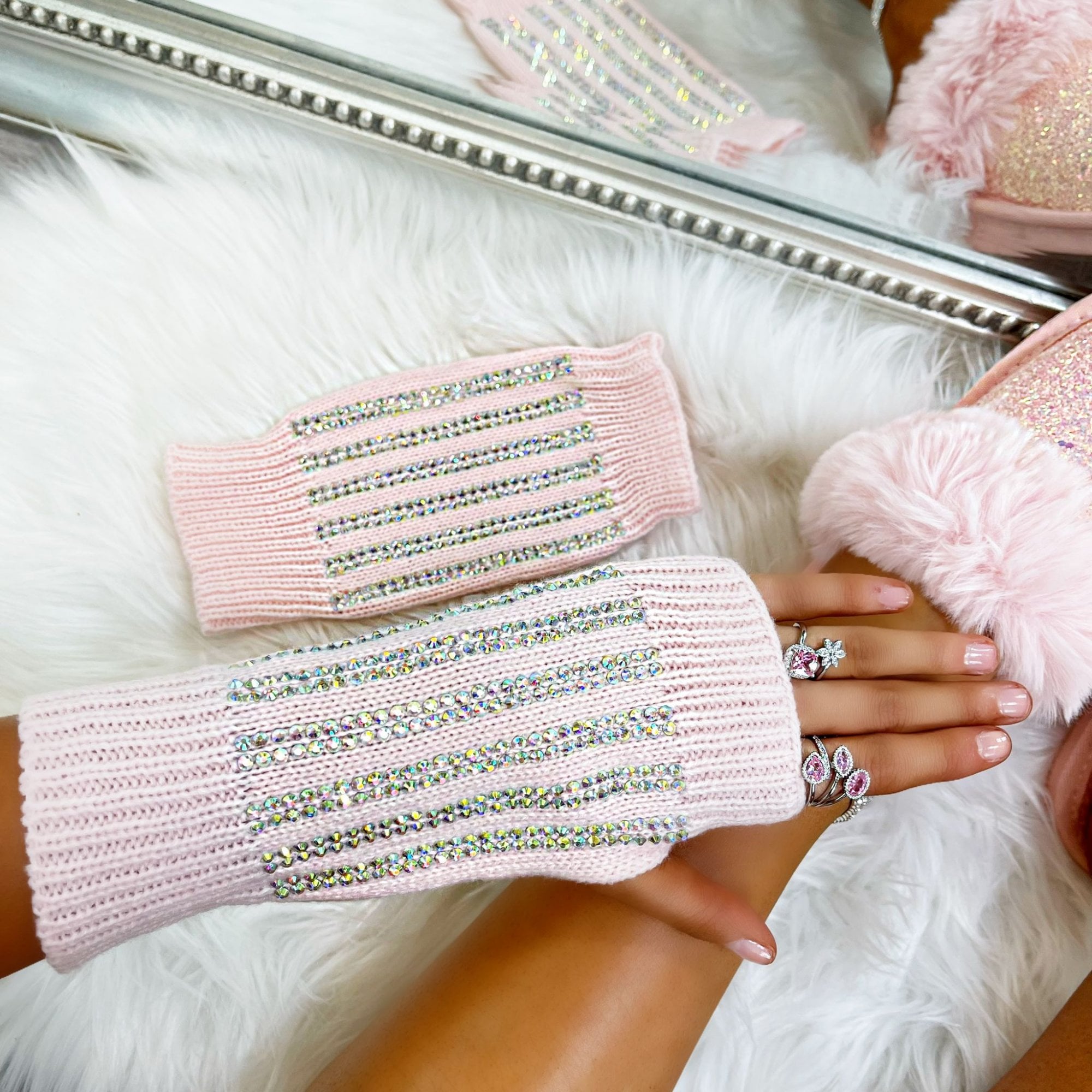 Lemonade Crystal Stripe Fingerless Sparkly Gloves Pink Lemonade Crystal Stripe Fingerless Sparkly Gloves Pink