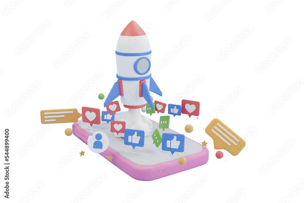 Rocket Boosting Social Media With Smartphone Rocket Flying Out From Rocket Boosting Social Media With Smartphone Rocket Flying Out From