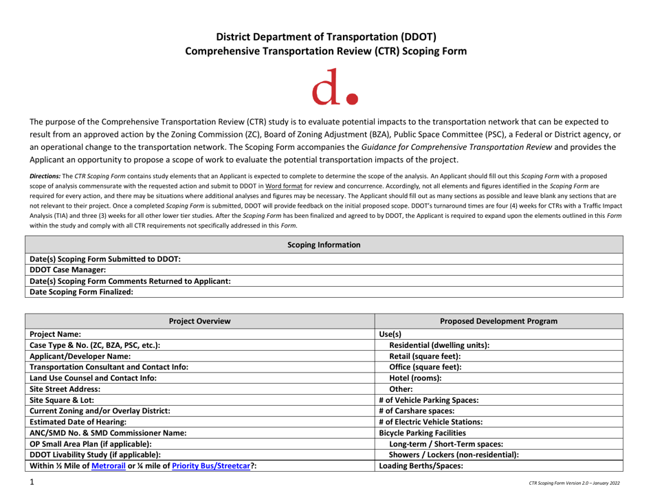 Washington D C Comprehensive Transportation Review Ctr Scoping Form Washington D C Comprehensive Transportation Review Ctr Scoping Form